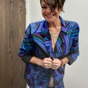 Vintage 80s 90s Polyester Boxy Dressy Festival Abstract Disco Blazer Jacket